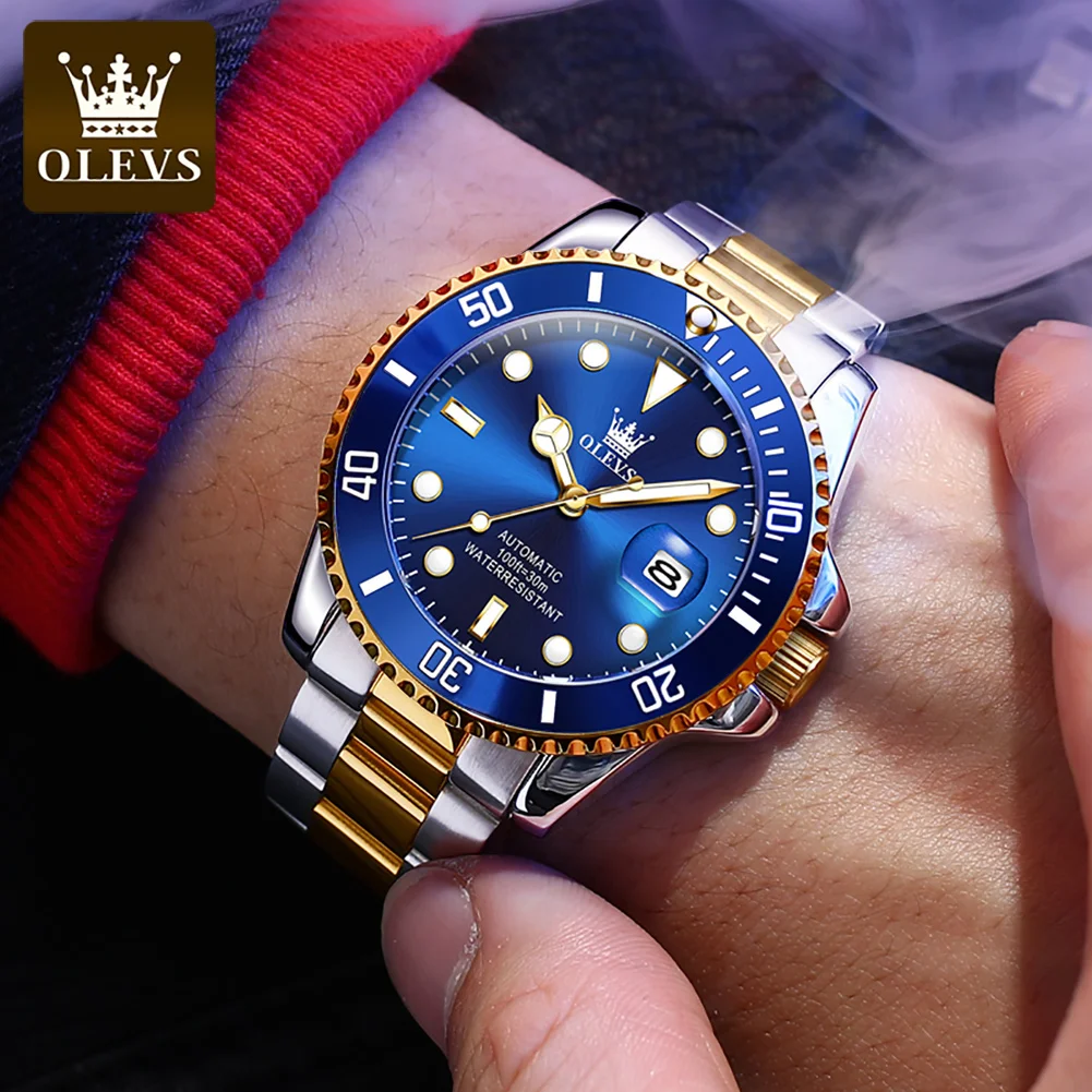 OLEVS Men's Automatic Mechanical Watch Rotatable Bezel Analog Wristwatch Diving Green Waterproof Business Man Watch Reloj Hombre