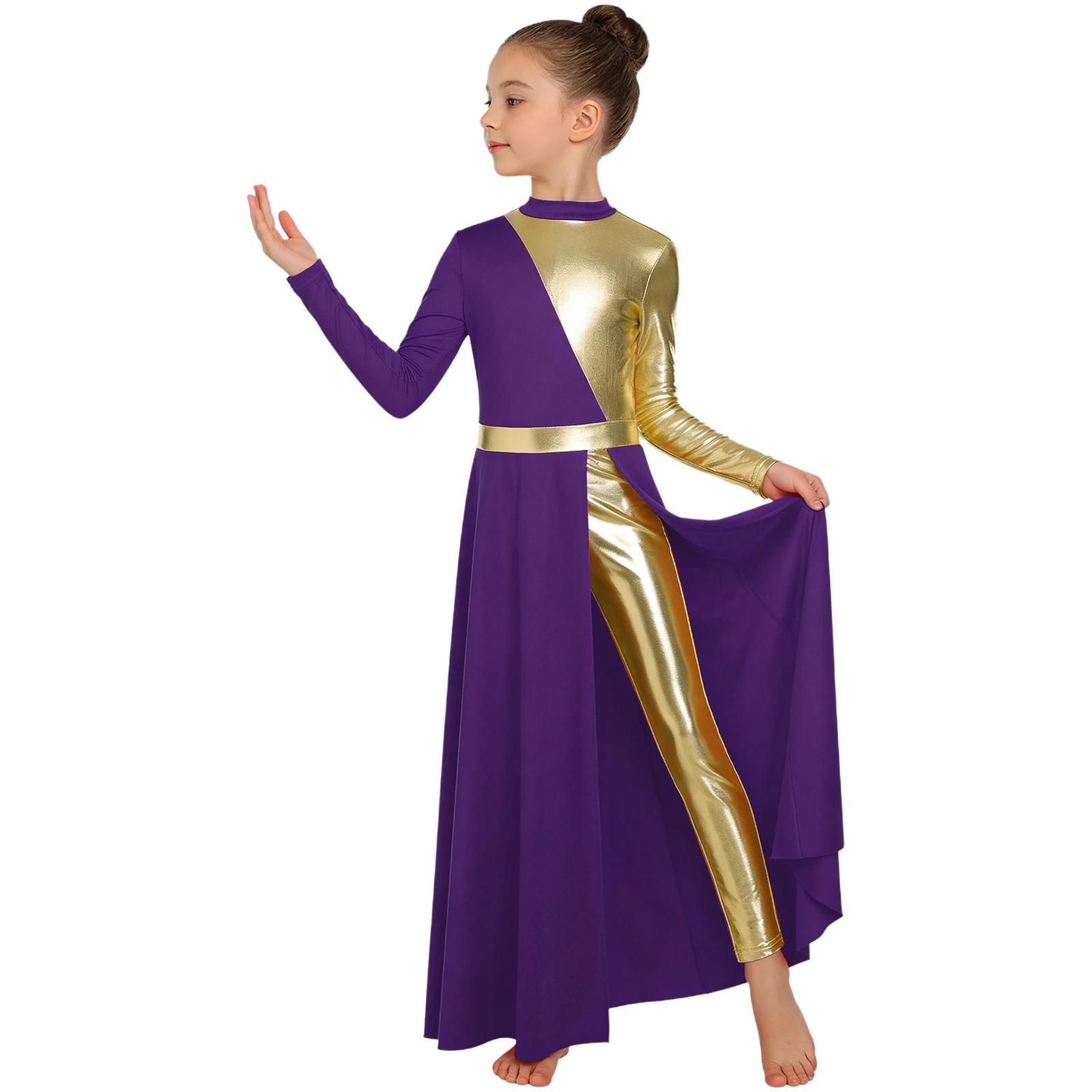 

Платье для литургического танца и хорового пения для девочек, для церковного хора, лирическое, современное, с длинным рукавом, разрезом и встроенными леггинсами