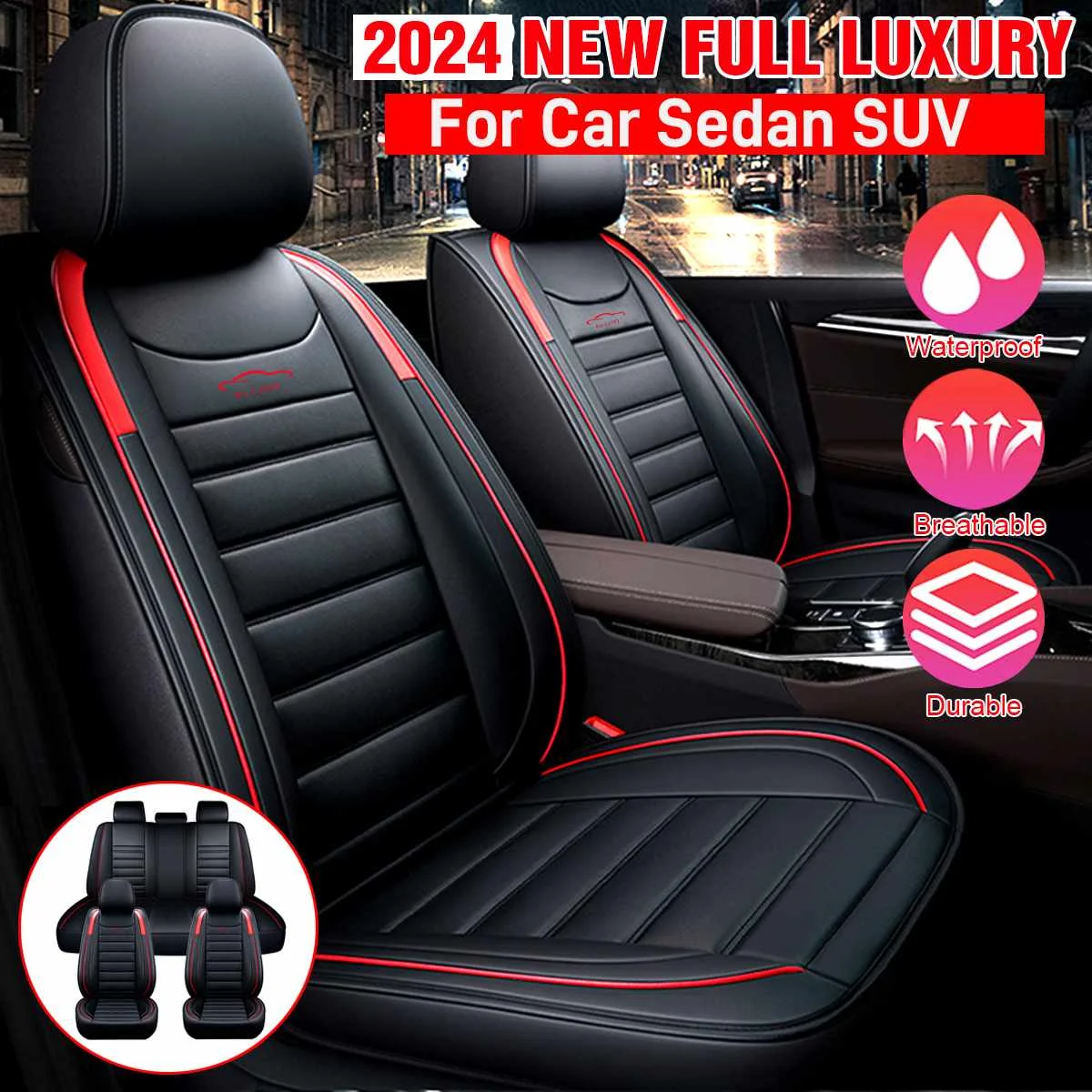 11PCS 5 Seats Car Seat Covers PU Leather Full Set Seats Cover Front Rear Seat Cushion Cover Universal Truck SUV For Hyundai/Ford