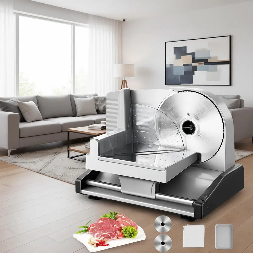 

200W Electric Deli Food Slicer with 2 Removable 7.5 Stainless Steel Blades and Tray, 0-15mm Adjustable Thickness for Home Use