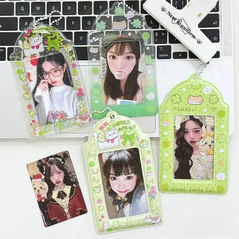 2Pcs Cute Cartoon Cat PVC Card Holder Green Tone Ins Style Photocard Storage Pendant Kpop Photo Card Protector