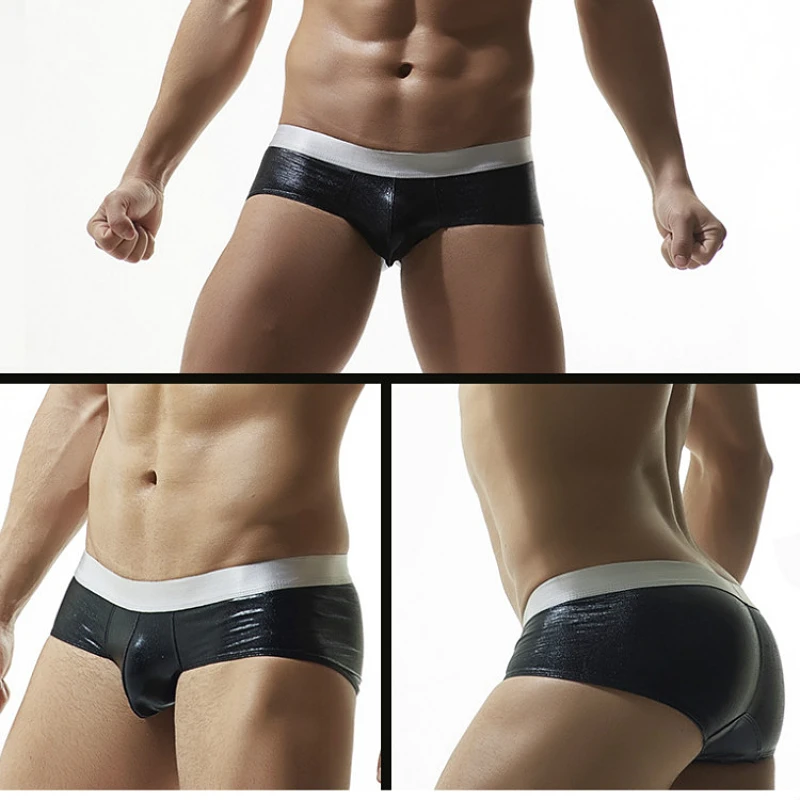 Men's Underpants In The Low waist U Convex Silk Broad Belt Imitation Leather Briefs Night Club Performance Shorts Bright Face