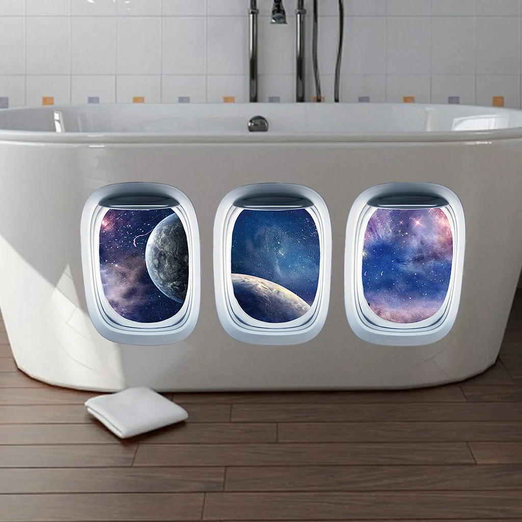 Set Of 3 Realistic Airplane Porthole Starry‑Sky Wall Stickers Single Size 20x30cm