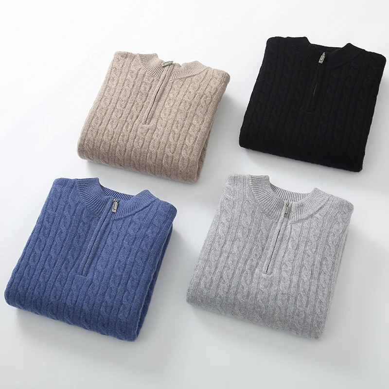 100% Merino Wool Half-Turtleneck Half Zipper Sweater Casual Solid Color Pullover Cashmere Comfortable Warm Soft Clothing Top