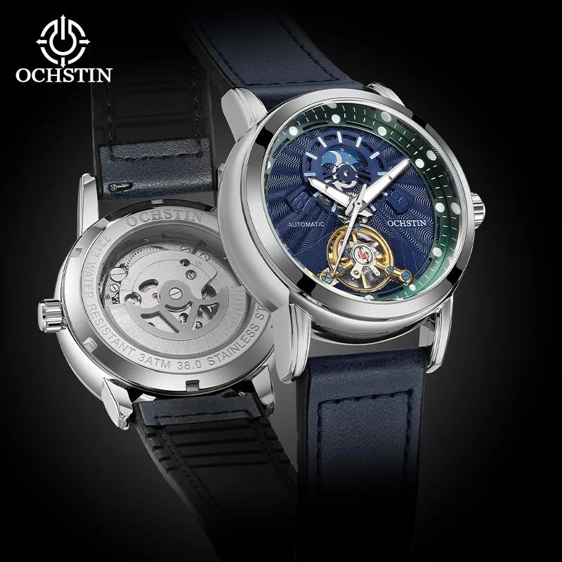 OCHSTIN Hot Men's Flying Tourbillon Skeleton Mechanical Movement Watches Man Leather-Wrapped Rubber Strap Magnetic Buckle Watch