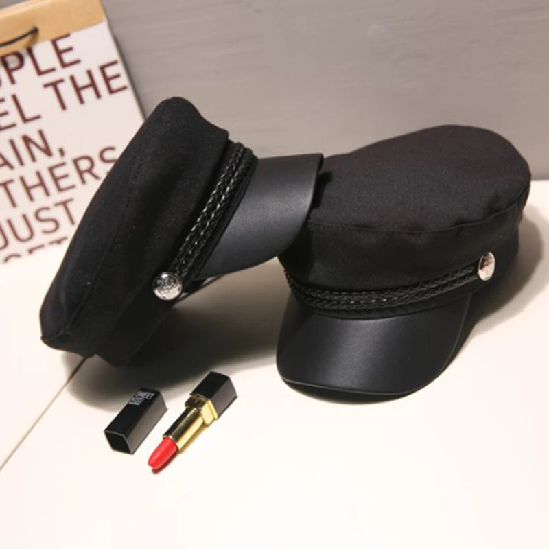 Leather Military Hat  Sailor Hats Flat Top Captain Cap Travel Cadet Hat
