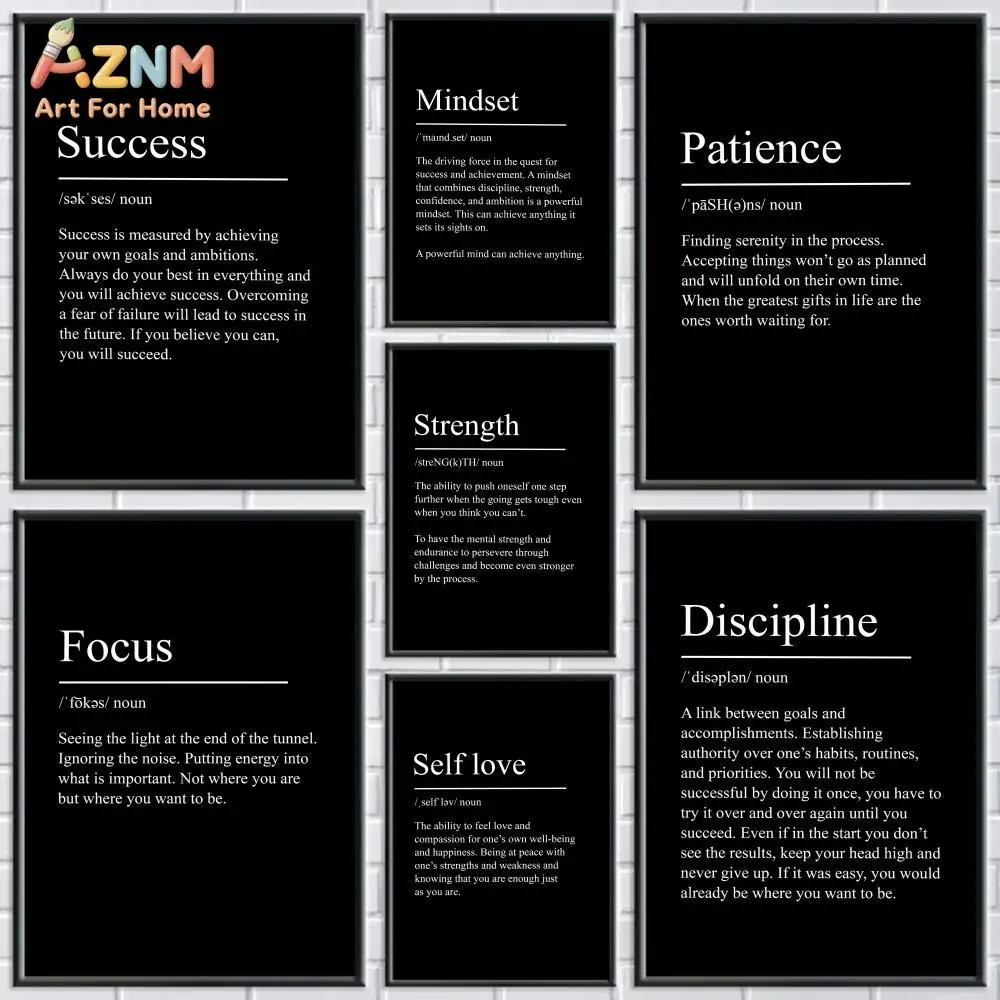 AZNM Black Motivational Success Mindset Quote Canvas Poster, Frameless Inspirational Definition Text Wall Art For Office Study R