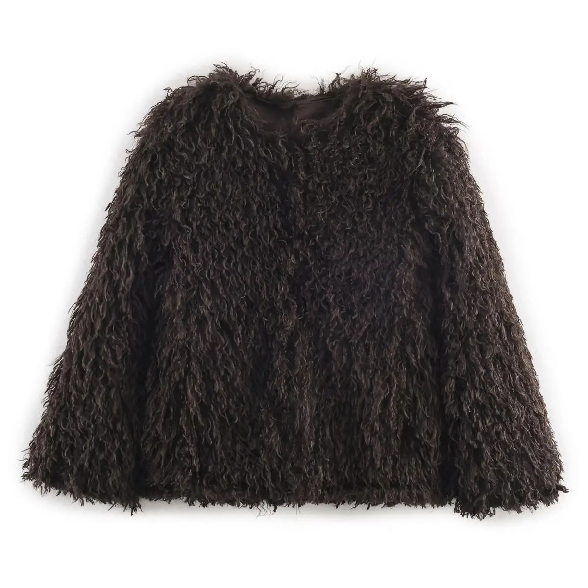 

WOMEN 2026 Summer New Fashion Faux Fur Effect Coat Retro O Neck Long Sleeve All-match Casual Female Outerwear Chic Tops