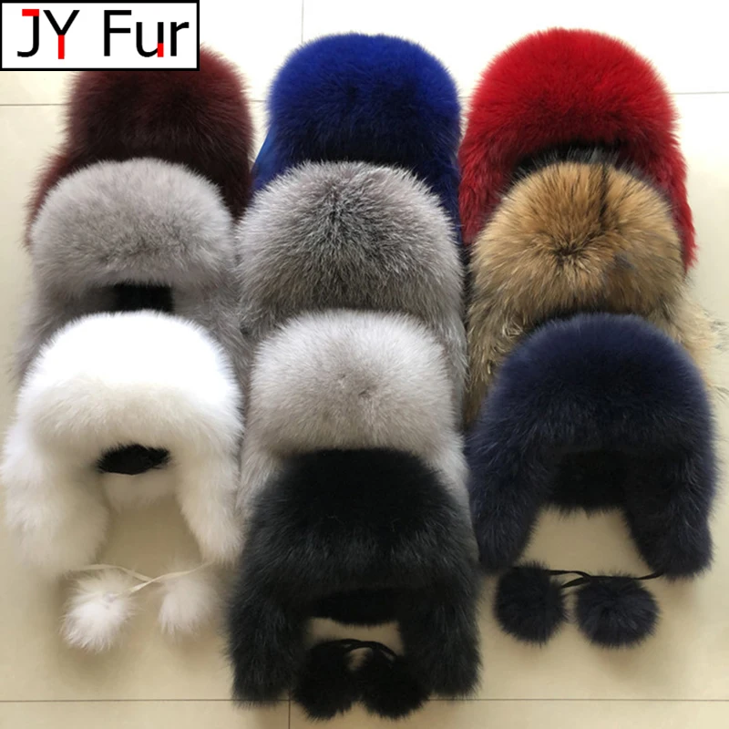 

2024 100% Real Fox Fur Hats Women's Russian Ushanka Aviator Trapper Snow Skiing Hat Caps Earflap Winter Raccoon Fur Bomber Hat