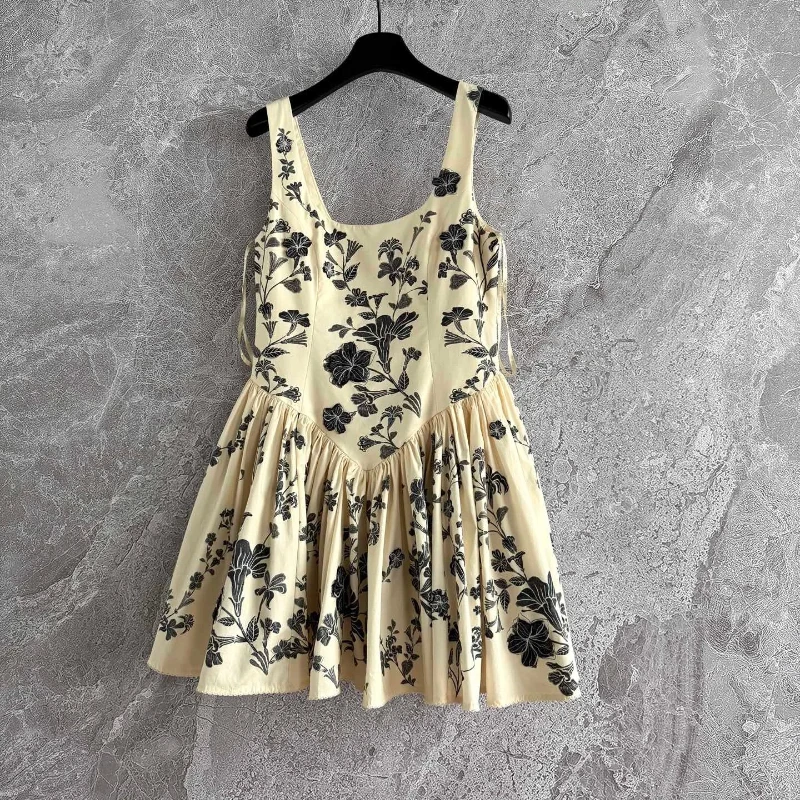 女性コットンタンクドレスポジションフラワープリント 3D 花刺繍スクエアカラーハイウエストホリデーミニドレス