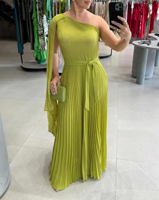 

2026 New Product&Women's Asymmetric Single Shoulder Pleated Open Sleeve Twisted Front Side Party Dress Banquet Dress