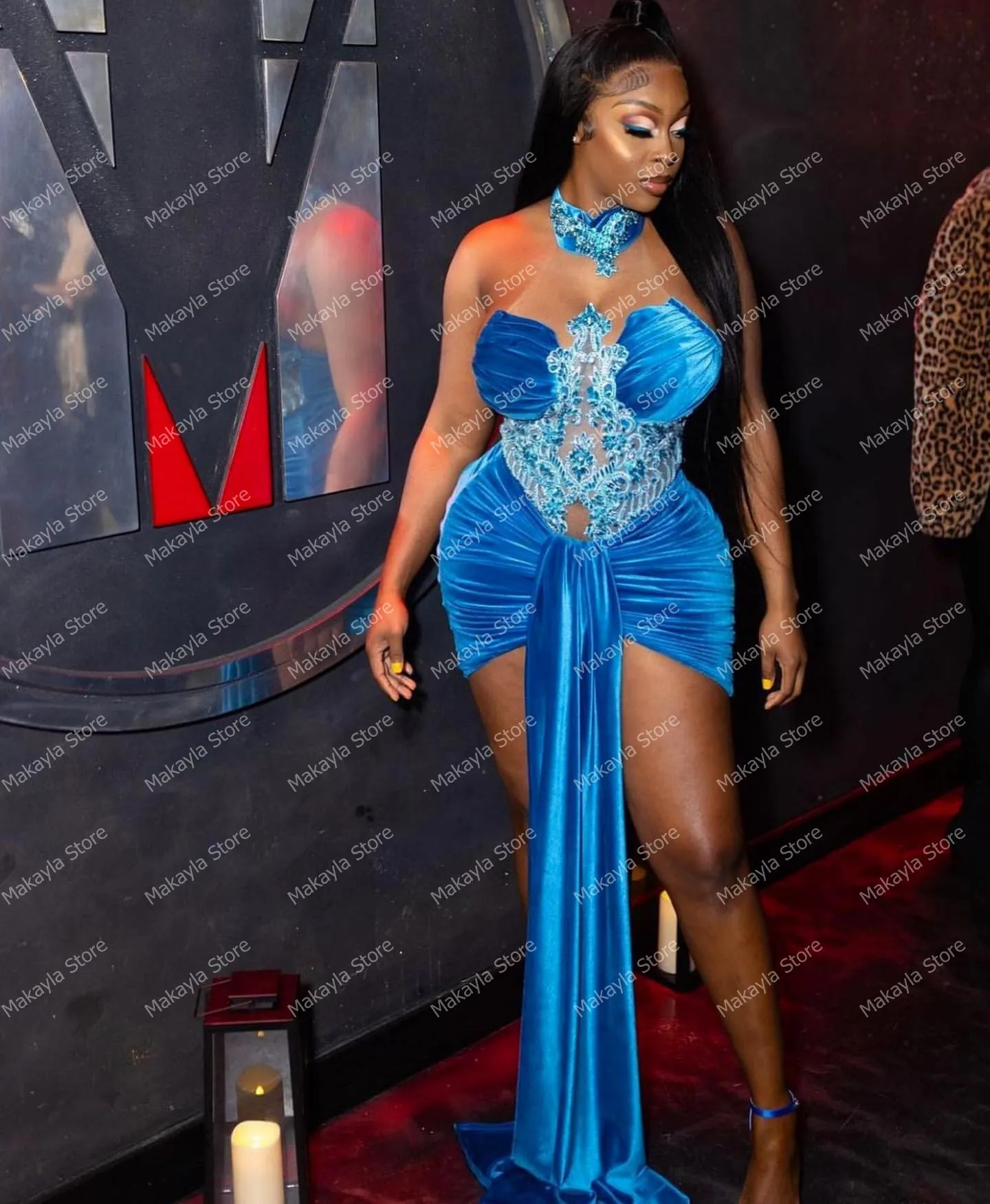 Chic Halter Blue Mermaid Cocktail Party Gowns Gliiter Beaded Appliques Aso Ebi Evening Prom Dresses Africa Velour Celebrity Gown