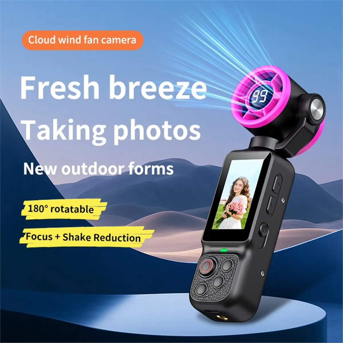 A72U 1080P Handheld Fan Gimbal Camera, 180° Rotatable HD Vlog Camera with Cooling Fan, 2000mAh Portable Action Cam Black