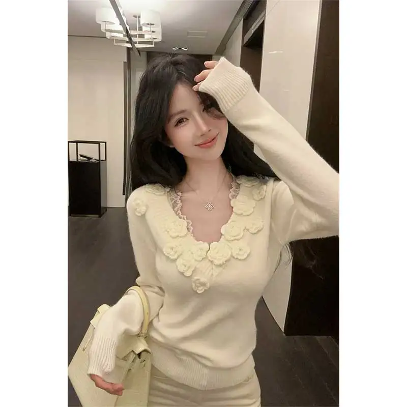 

Женская одежда, весенне-осенний модный офисный женский простой однотонный вязаный свитер с v-образным вырезом, женский свитер Pure Desire, пуловеры