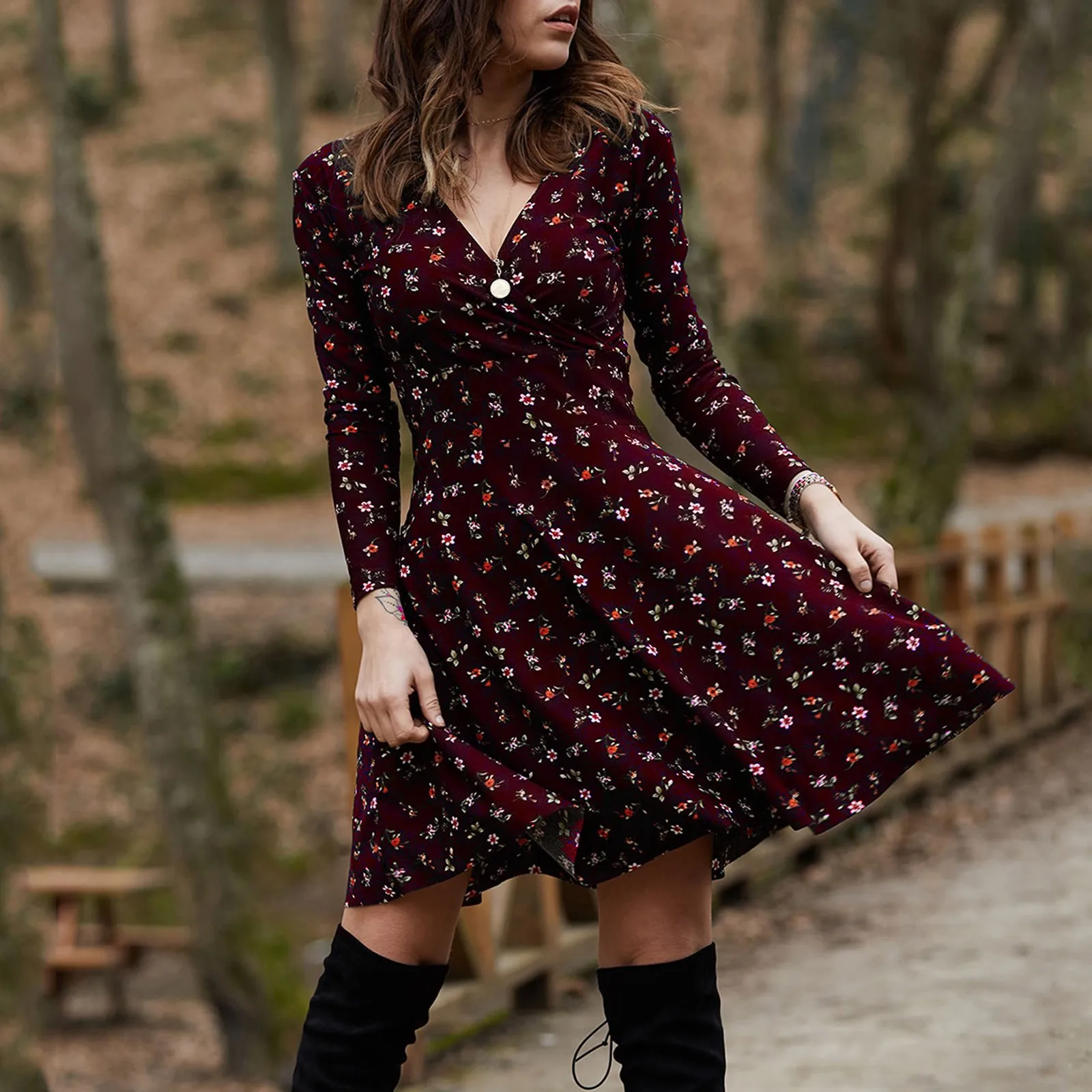 Elegant Vintage Floral Print Swing Midi Dress Women Retro High Waist Draped Long Sleeve Female Dress Party Dating Dress Vestidos