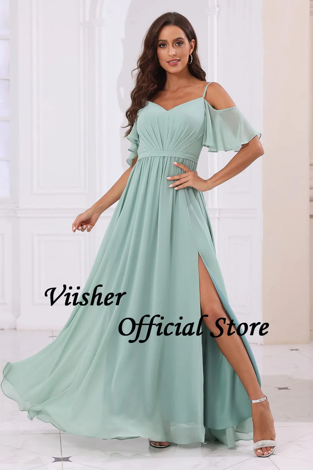 Viisher Aqua Chiffon A Line Bridesmaid Dresses with Slit for Women Cold Shoulder Spaghetti Straps V Neck Bridesmaid Dress