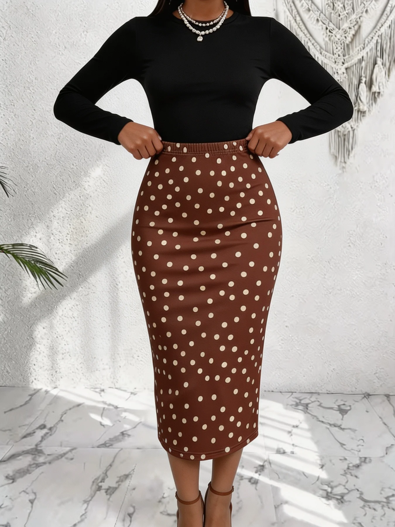 Women's Casual Solid Color Suit Square Collar Long Sleeve T-Shirt Top with Waist Cinch Elastic Waist Skirt Set