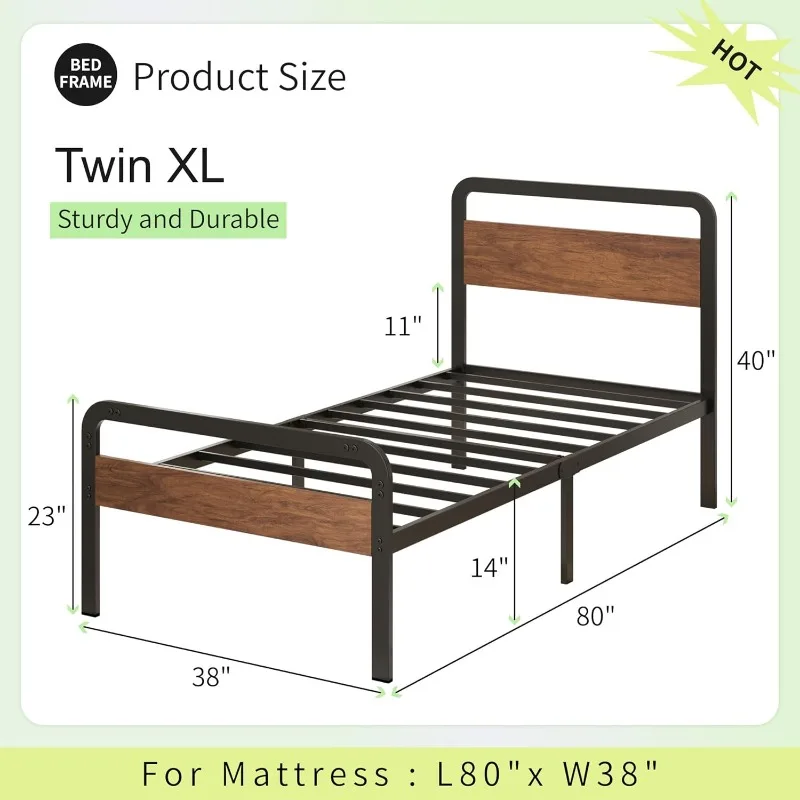 

Twin XL Bed Frame with Wood Headboard and Footboard, Metal Platform Frame with Steel Slat Support, No Box Spring Needed,