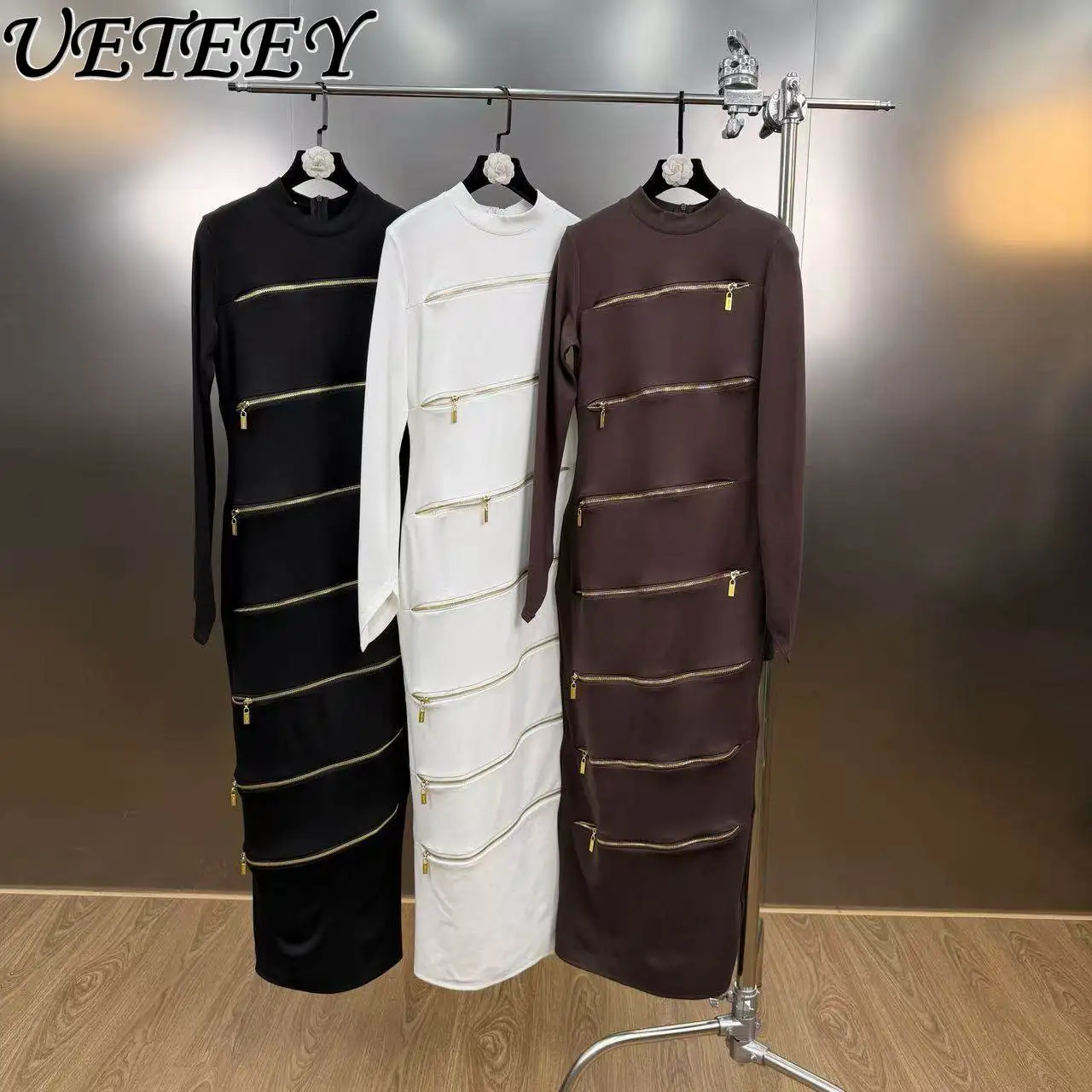 

2026 Spring Small Stand Collar Long-Sleeve Multi-Zipper Design Waist-Cinching Long Dress French Style Elegant Slim Dresses