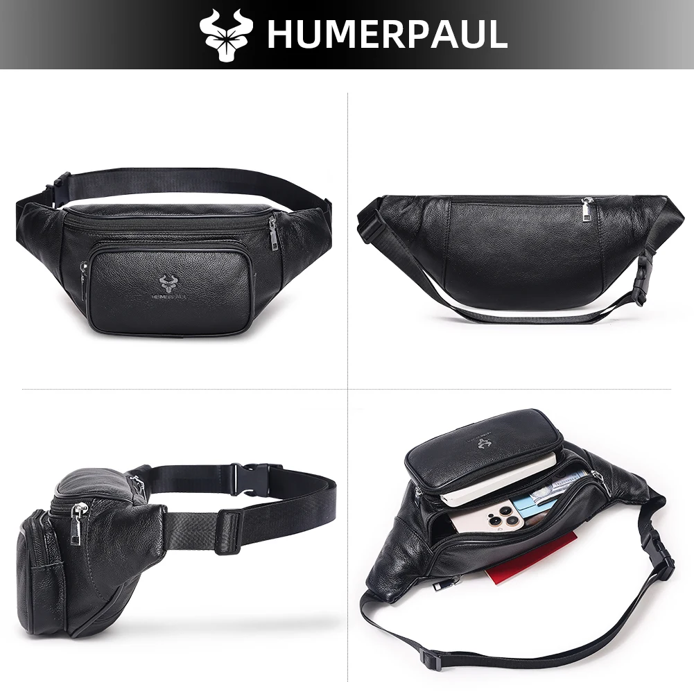 HUMERPAUL Cowhide Men's Waist Bag Casual Fanny Pack Chest Bag for Phone and Credit Card Travel Outdoor Adjustable Strap Belt Bag