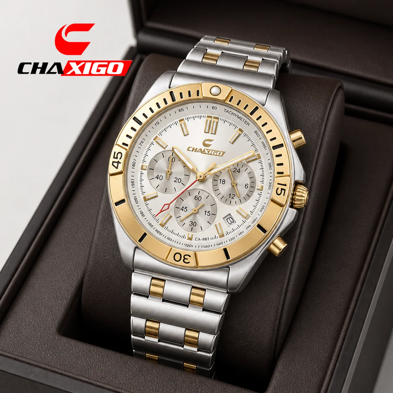 CHAXIGO Montre chronographe à quartz pour homme, 3 sous-cadrans, verre minéral, aiguilles lumineuses, acier inoxydable, étanche, montre-bracelet professionnelle