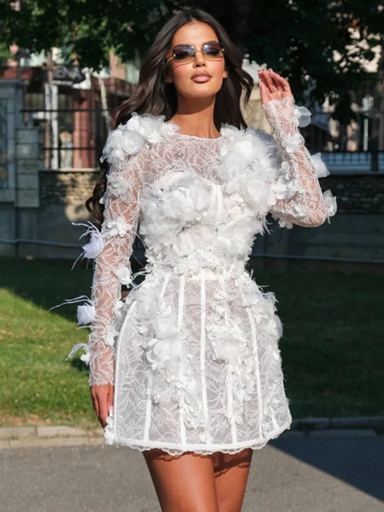 

Elegant White 3D Floral Lace O Neck Mini Dress – Long Sleeve Sheer Garden Party Outfit for Women