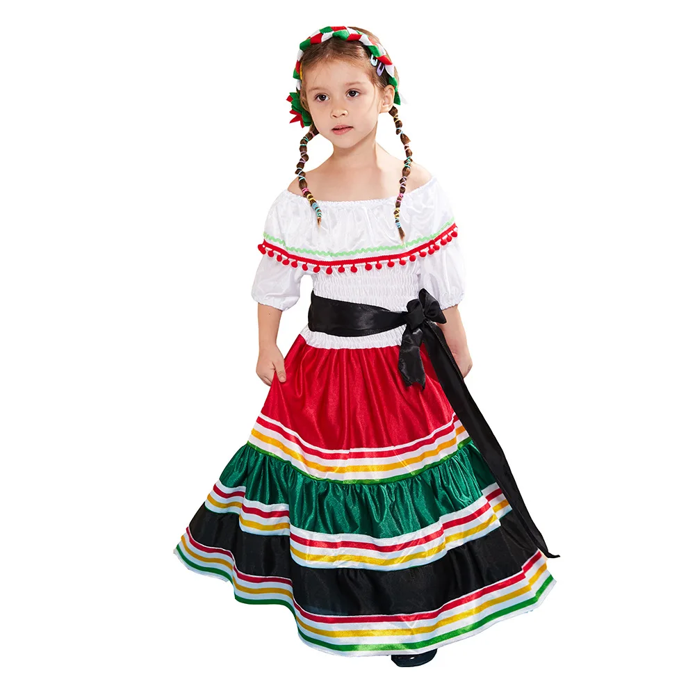 TQTFL Traditional Folk Mexican Dress Girls Halloween Costume for Kids Mexico Carnival Party Family Dance Fancy Cosplay Costume