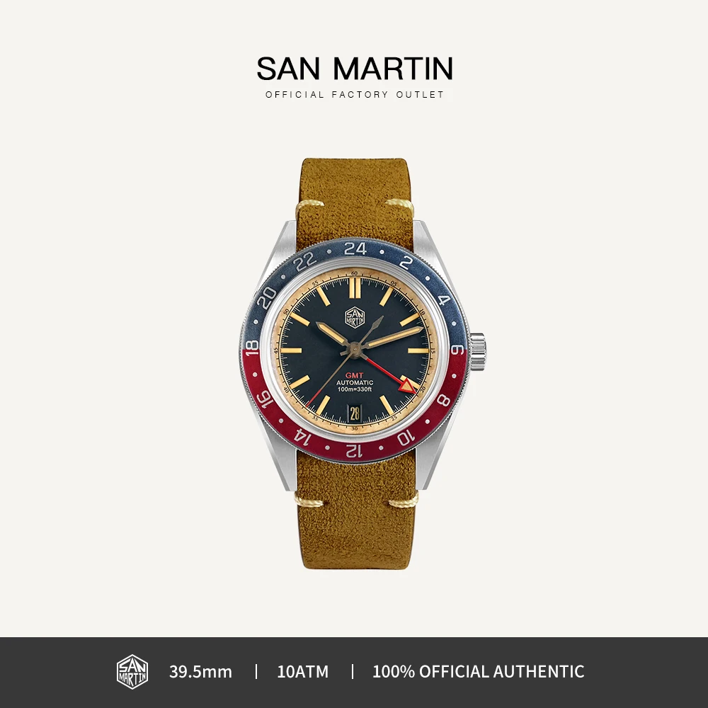 San Martin Watch Distressed Design 39.5mm Vintage Men GMT NH34 Automatic Movement with Steel Rice Bracelet reloj hombre SN0116