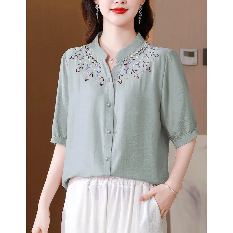 Women\'s Vintage Fashion Embroidery Elegant Button Up Shirt Summer Half Sleeve Loose Cotton Linen Blouse Female Casual Solid Tops