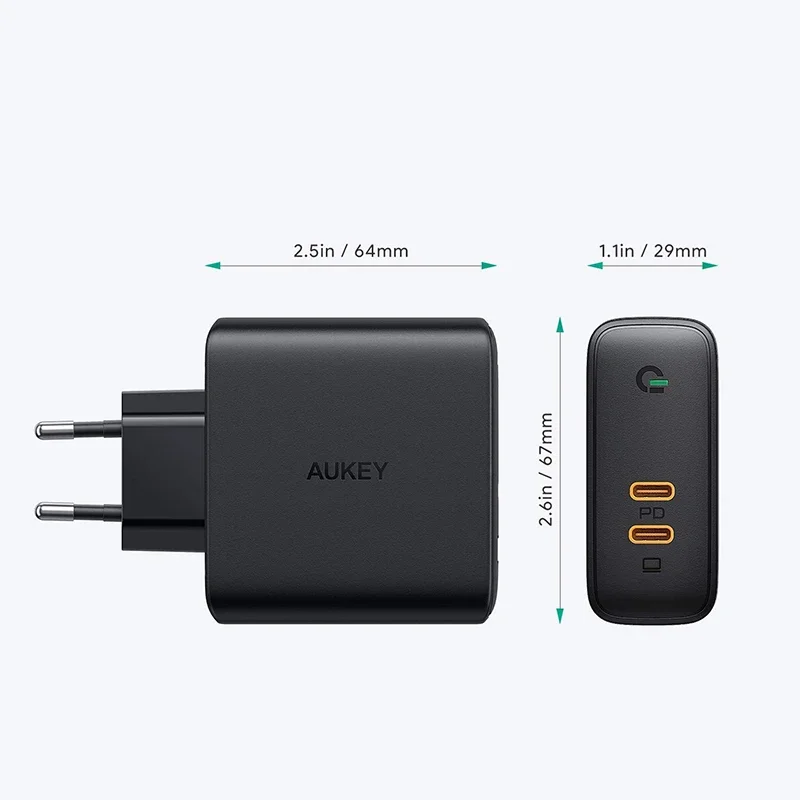 Original AUKEY PA-D5 63W Fast Charger Adapter Dual-Port PD USB-C Wall Charging Station EU Plug for Smart Phone Tablet Macbook