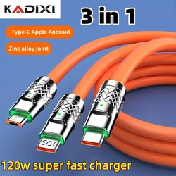 120W 3-in-1 Super Fast Charging Cable with Zinc Alloy & Lamp Wire Accessories for Android & Apple Devices