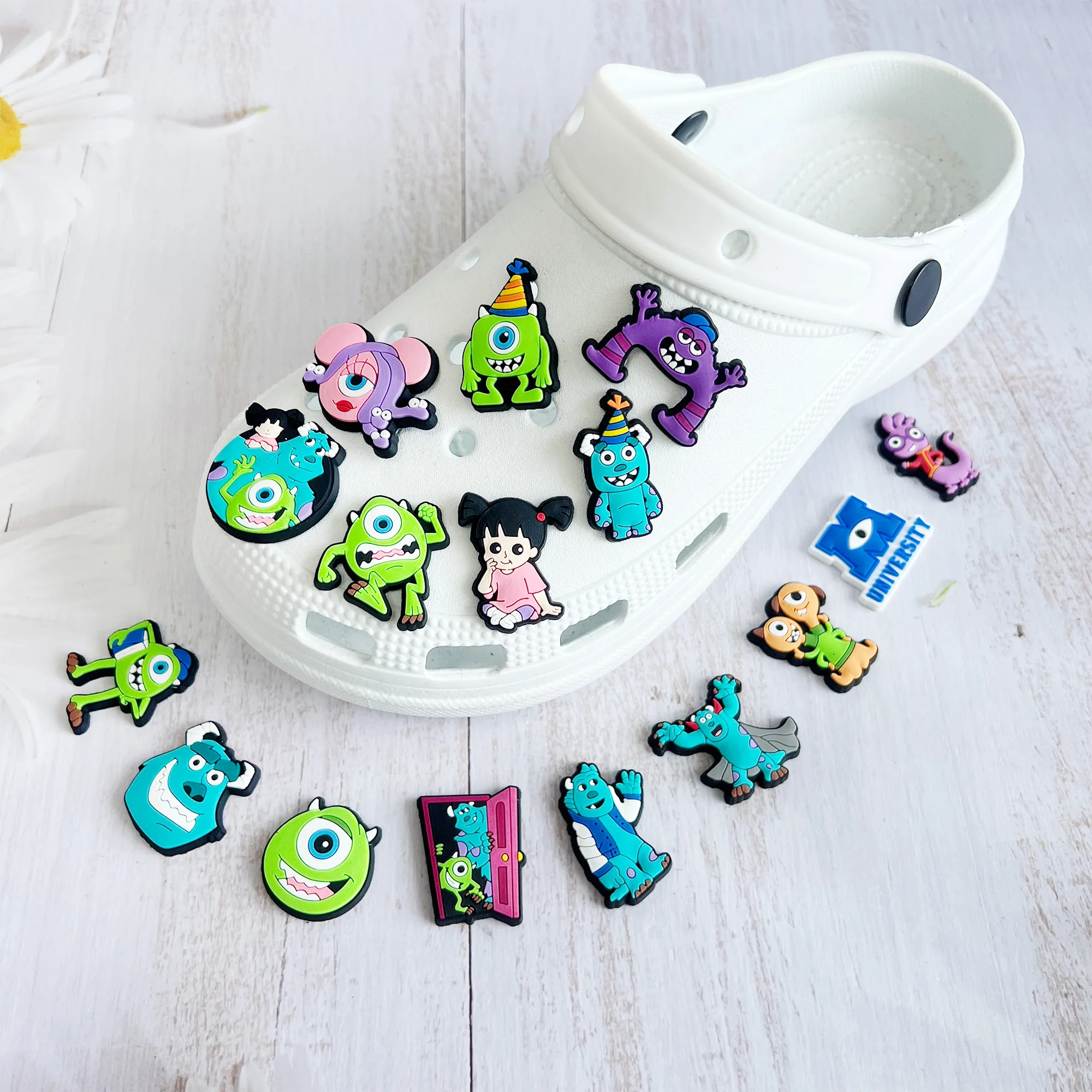 MINISO 16pcs Disney Cartoon Monsters Inc. University James P Shoe Charms PVC Garden Shoes Buckles Decoration Fit Kids Gift