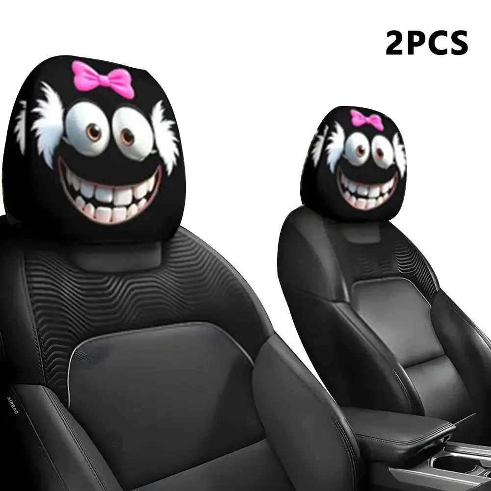 2 Stück Smiley-Gesicht bedruckter Auto-Kissenbezug, weich, bequem, dekorativer Kissenbezug, Auto-Sitz-Kopfstütze, waschbares Polyestergewebe