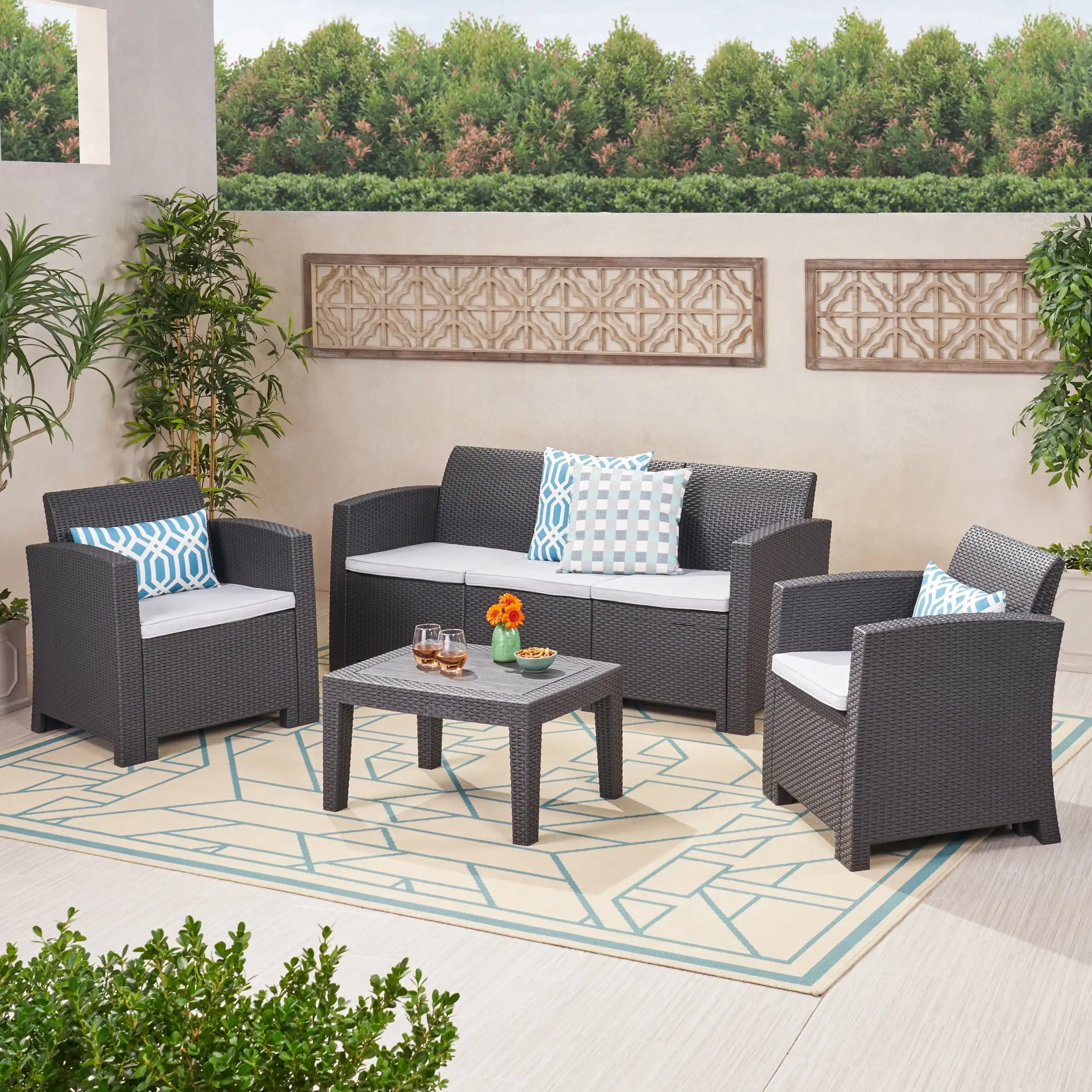 Jacksonville Outdoor 4 Pc Charcoal Faux RattanChat Set Includes 1 Loveseat 2 Club Chairs and 1 Coffee Table