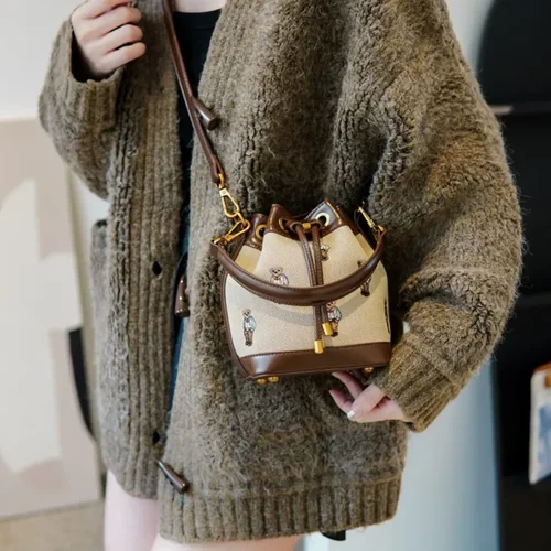 Imagen 2 del producto Bolso tipo cubo con cordón, bandolera cruzada de mano de gran capacidad para mujer, bolso de hombro para axila de mano de gran capacidad