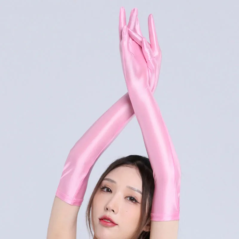 Sexy Black Elastic Oily Shiny Silk Smooth Bridal Gloves Women Summer Sunscreen Glove Pole Dancing Personality Stage Performance