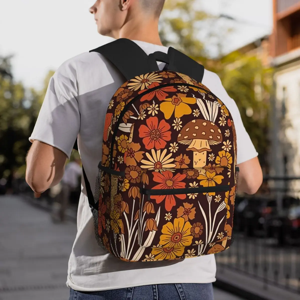

Retro 1970s Brown And Orange Mushrooms And Flowers Student Backpack School Bag Hiking Daypack for Men Women Bookbag Shoulder Bag