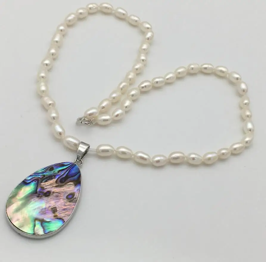 

New natural freshwater pearl necklace 5-7NN Abalone shell pendant 26X50MM 925 sterling silver clasp