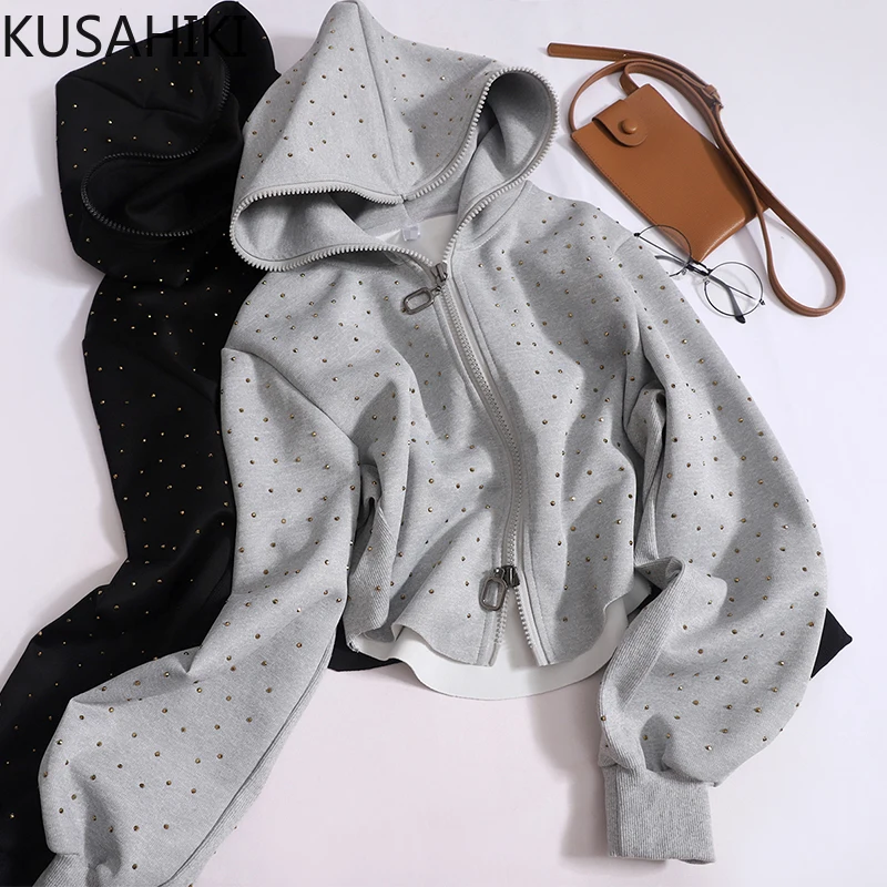 KUSAHIKI Autumn New Diamonds Zipper Fashion Hooded Coat Causal Long Sleeve Short Cardigan Outwear Tops 2023 New Women Jackets