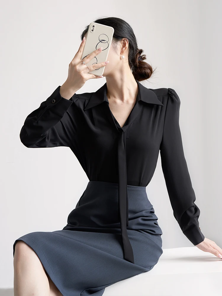 

CTTAI Bla Bubble Sve irt Women's V-Ne Chiffon Slimming Commute Detachable Belted Blouse Long Sve Pure Color Commu...