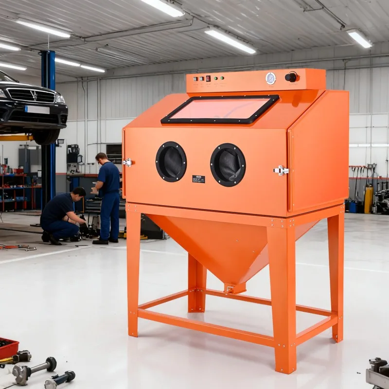 Cabine de sablage 435 L, unité de sablage avec réservoir abrasif de 117 L, deux pistolets de sablage et extraction de poussière 1,6 HP pour le traitement de surfaces de pièces surdimensionnées et l'élimination de la rouille