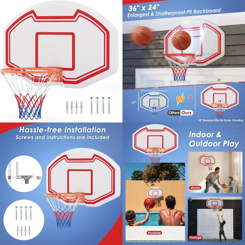 

indoor/outdoor wall-mounted basketball hoop with 36"x24" shatter-proof backboard and 18" standard rim
