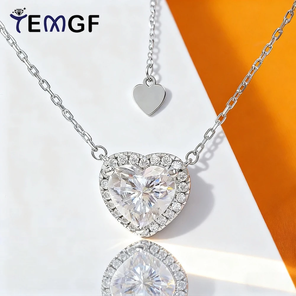 

TEMGF Moissanite Necklace 1/2/3/4CT Heart Cut Main Stone S925 Silver Chain for for Women Love Gift Elegant Fashion Fine Jewelry