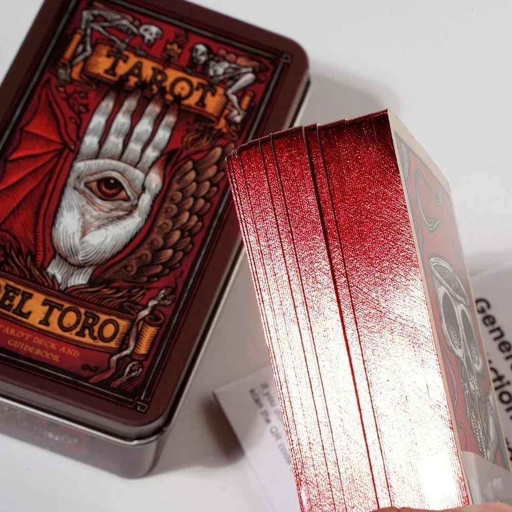 Del toro tarô em caixa de metal de lata, 78 peças de cartas, guia de borda dourada, baralho de tarô leve, meia, jogo de tabuleiro de gato florescendo