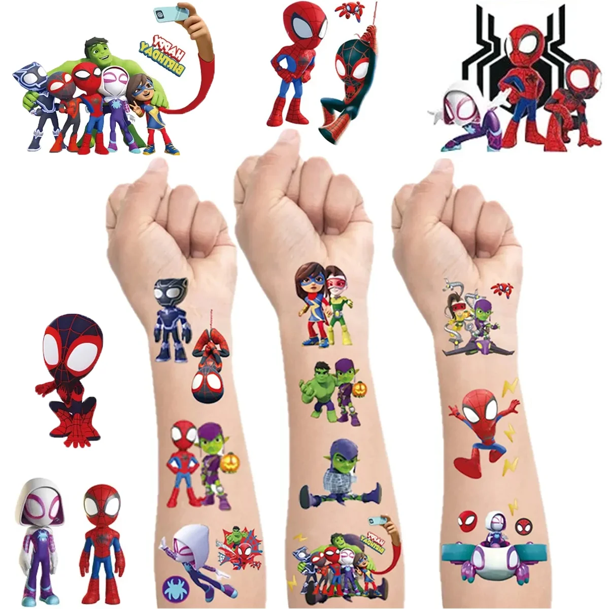 Spidey y sus increíbles amigos pegatinas de dibujos animados Spiderman tatuaje pegatina favores de fiesta para niños regalos de decoración de fiesta de cumpleaños