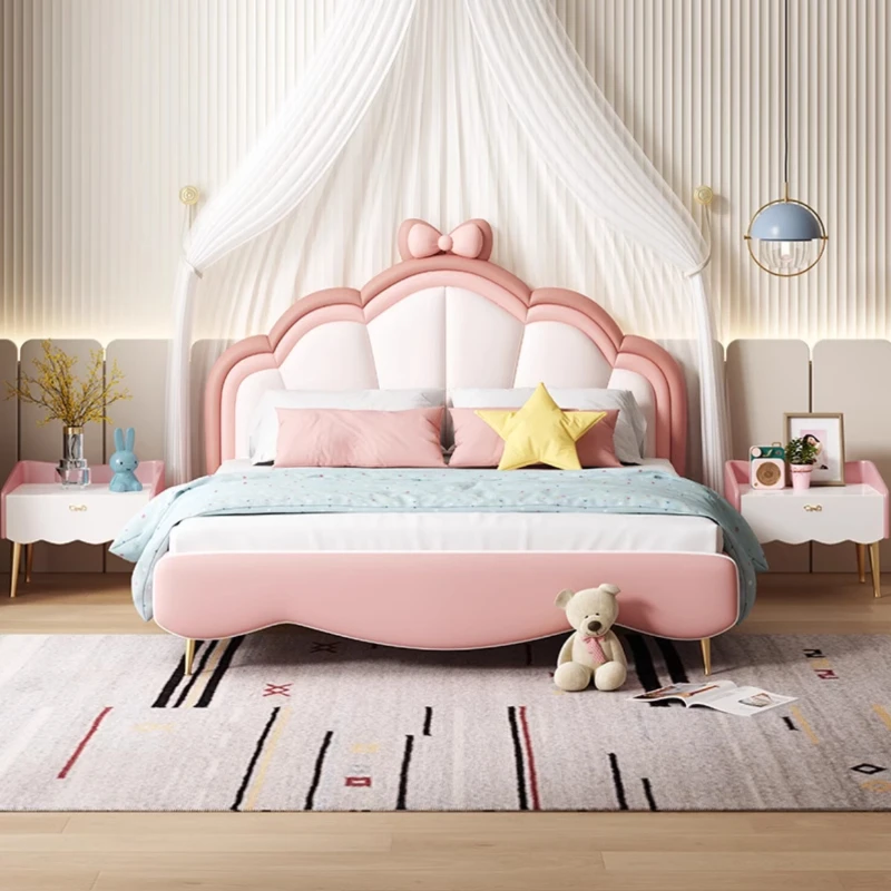 

Cute Princess Childrens Bed Pretty Leather Luxury Pink Queen Bed Comferter Modern Kinderbett Furniture Home