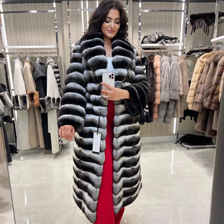 Women's Long Winter Coat Chinchilla Luxury Real Rex Rabbit Fur Coats For Women Fur Coat Women Warm Best Seller