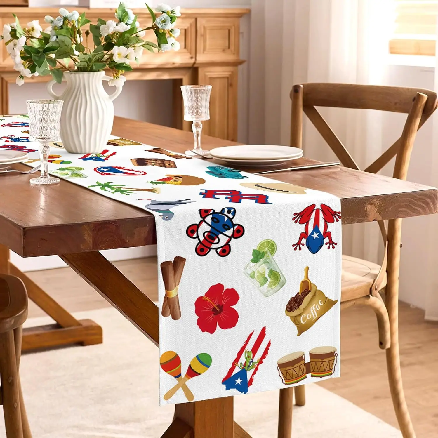 Puerto Rico Table Runner, Puerto Rican Birthday Party Decor, National Day Patriotic Dining Room Home Kitchen Island Decor