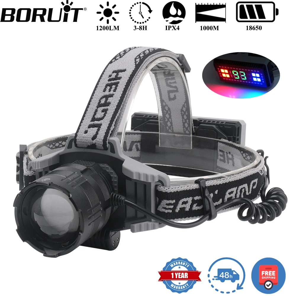

BORUiT 1000M длинный светодиодный налобный фонарь 1200LM ZoomType-C перезаряжаемый аккумуляторный фонарь с хвостовым предупреждением налобный фонарь для кемпинга