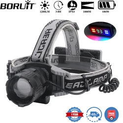 BORUiT 1000M Long Throw LED Headlamp 1200LM ZoomType-C Rechargeable Power Bank Headlight with Tail Warning Camping Head Torch